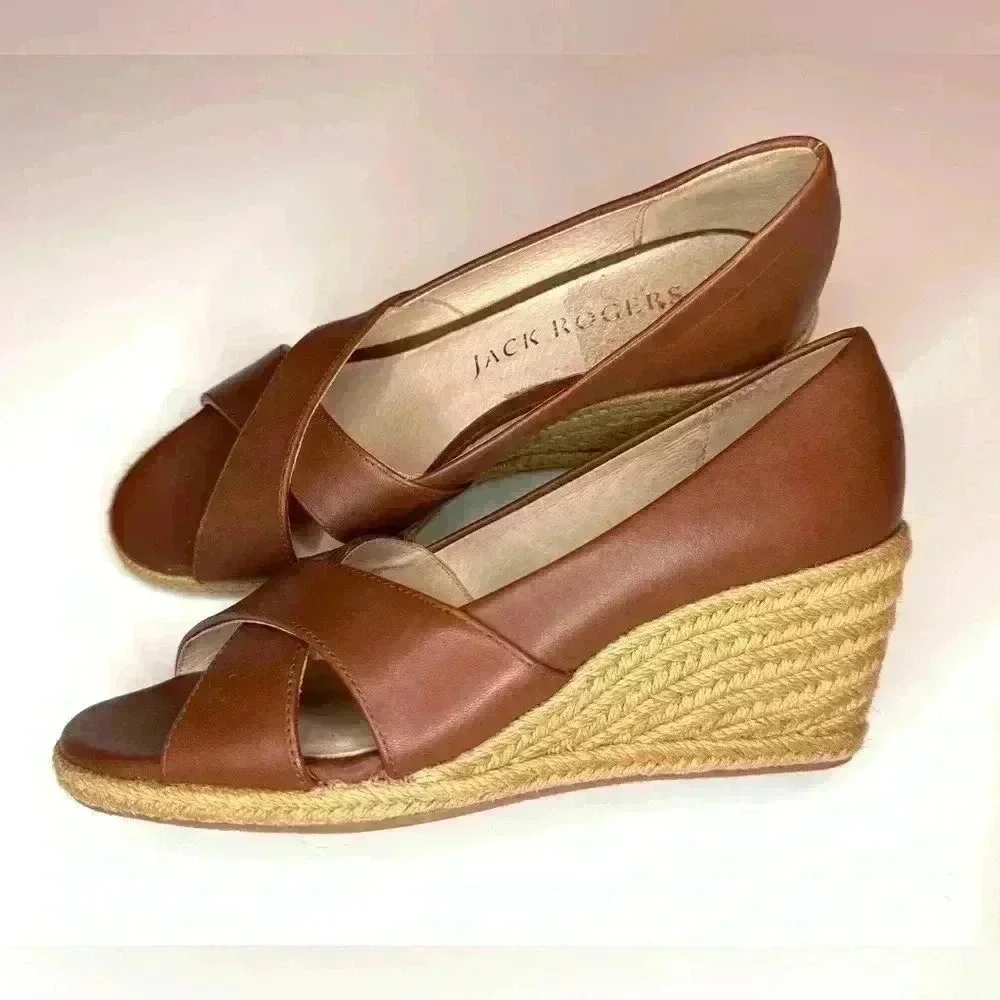 Jack Rogers Womens PALMER Crisscross Wedge Espadrille Heels Mocha Leather SZ-6